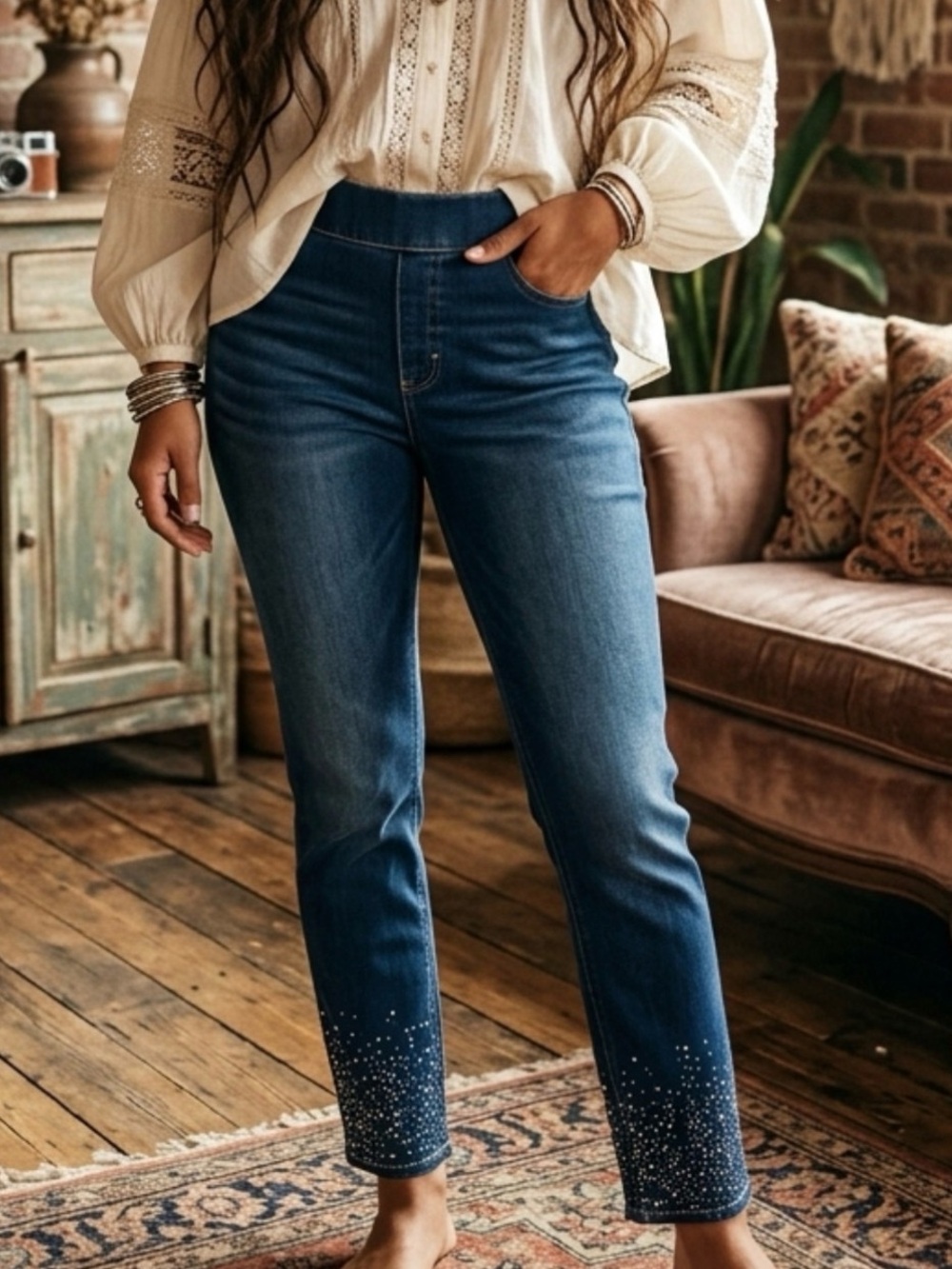 🌟B662. Soft Surroundings Stylish Pull On Embellished Hem Jeans